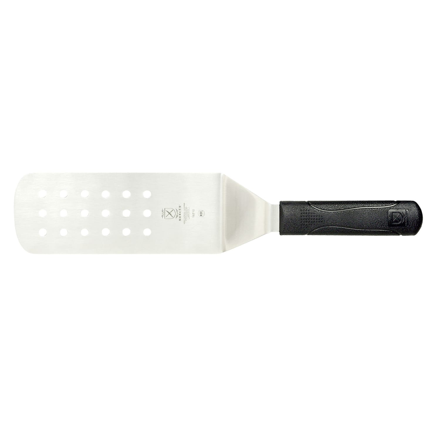 Mercer Culinary M18710 8 x 3 Perforated Turner w/ Black Polypropylene Handle, High Carbon Japanese Steel, Silver