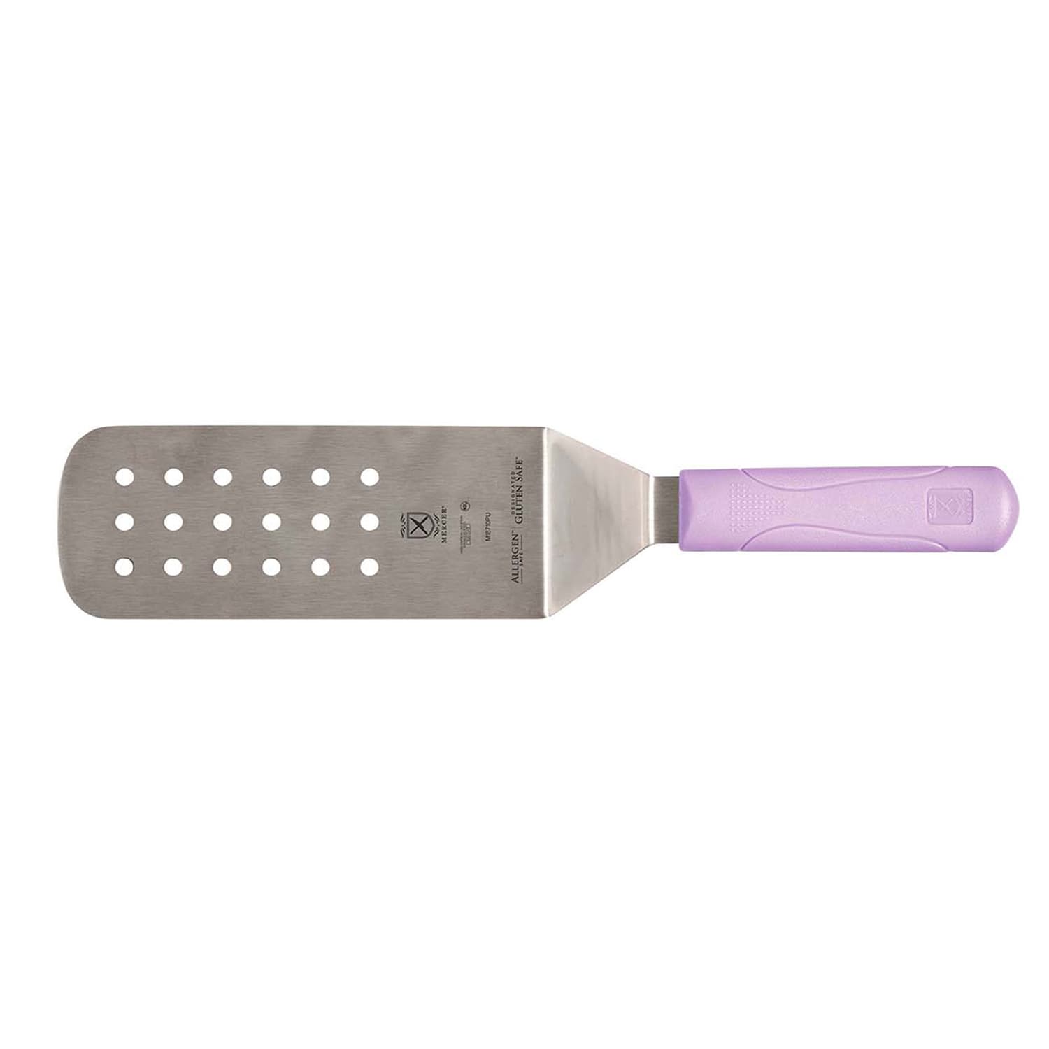 Mercer Culinary M18710PU 8 x 3 Perforated Turner w/ Purple Polypropylene Handle, High Carbon Japanese Steel