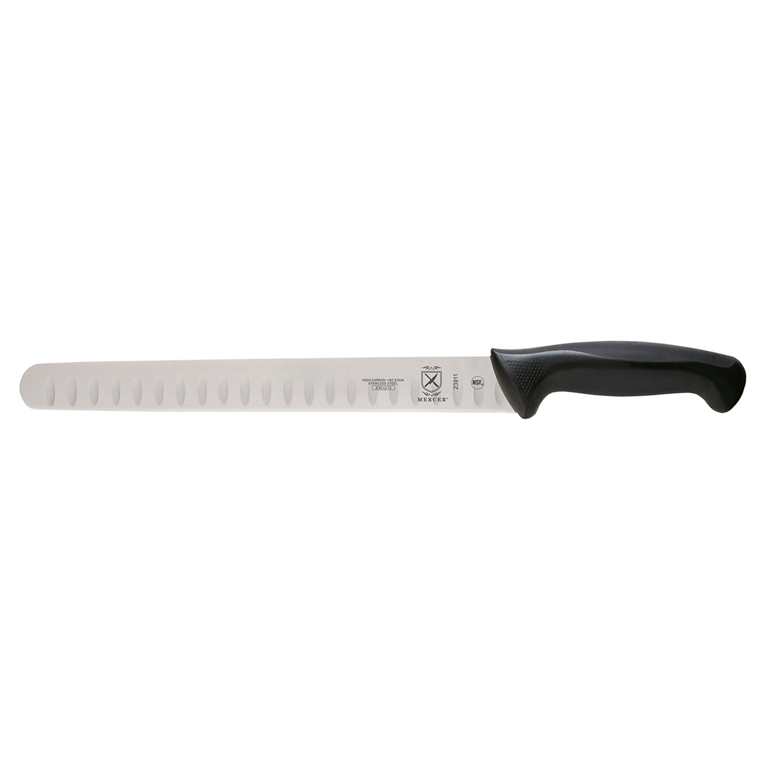 Mercer Culinary M23011 11 Granton Slicer Knife w/ Black Santoprene/Polypropylene Handle, High Carbon Japanese Steel