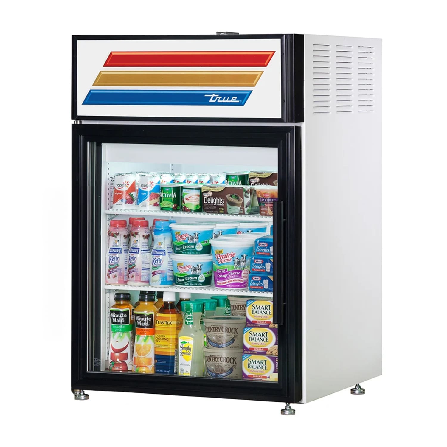 True GDM-05-HC~FGD01 WHT LH 24 Countertop Display Refrigerator w/ Front Access - Swing Door, White, Left Hinge, 115v, Illuminated Sign Panel