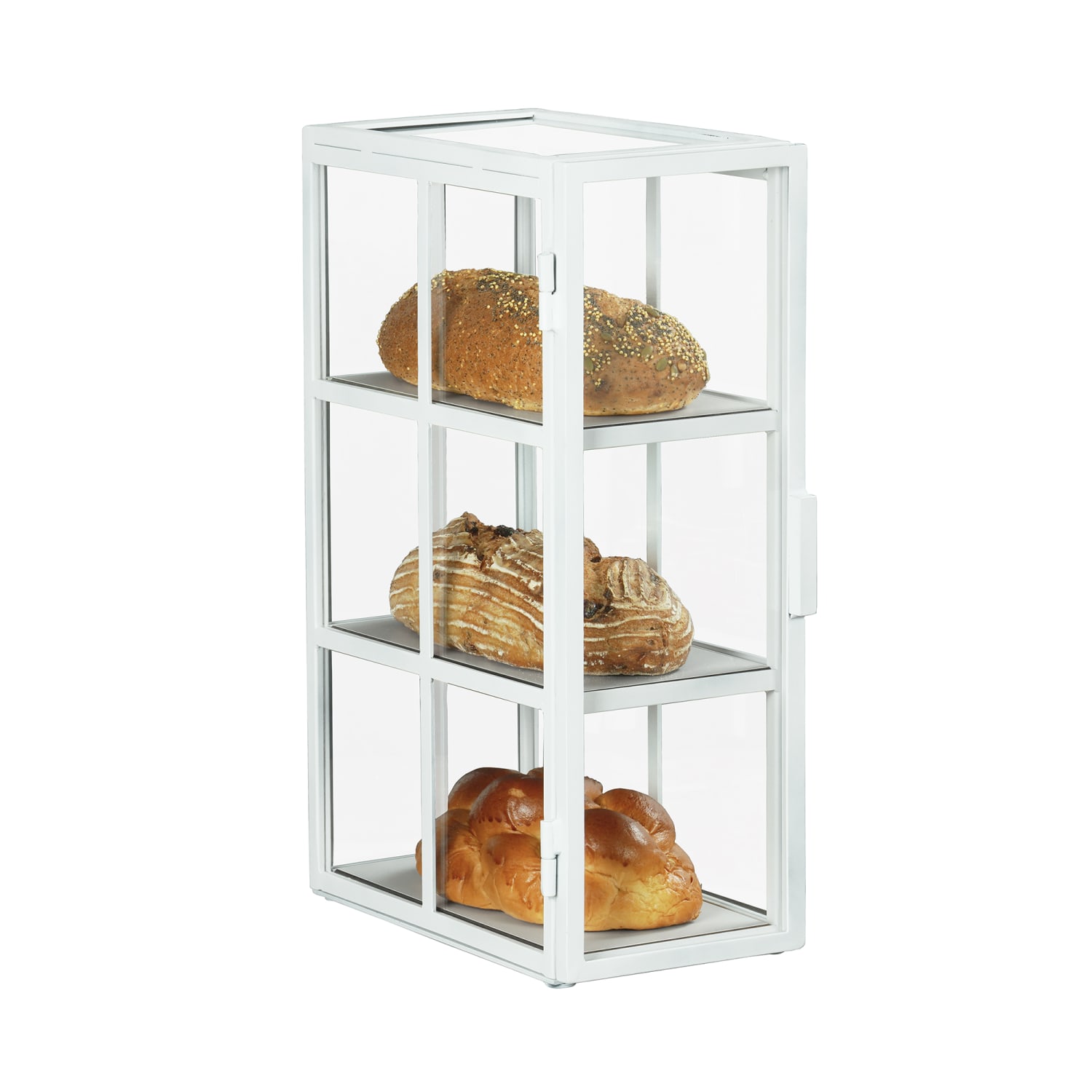 Cal-Mil 22030-15 3 Tier Bread Display Case w/ Swing Door - 13 3/4W x 7W x 20 1/2H, Acrylic/Steel, White