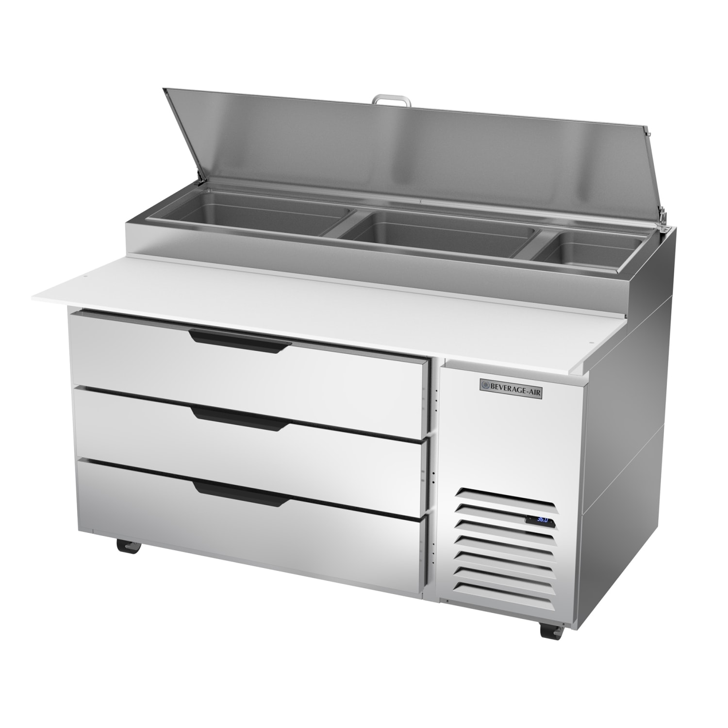 Beverage-Air DPD60HC-3 60 Hydrocarbon Series Pizza Prep Table w/ Refrigerated Base, 115v, Holds 2 Full-Size Pans And 1 Third-Size Pan, Stainless Steel