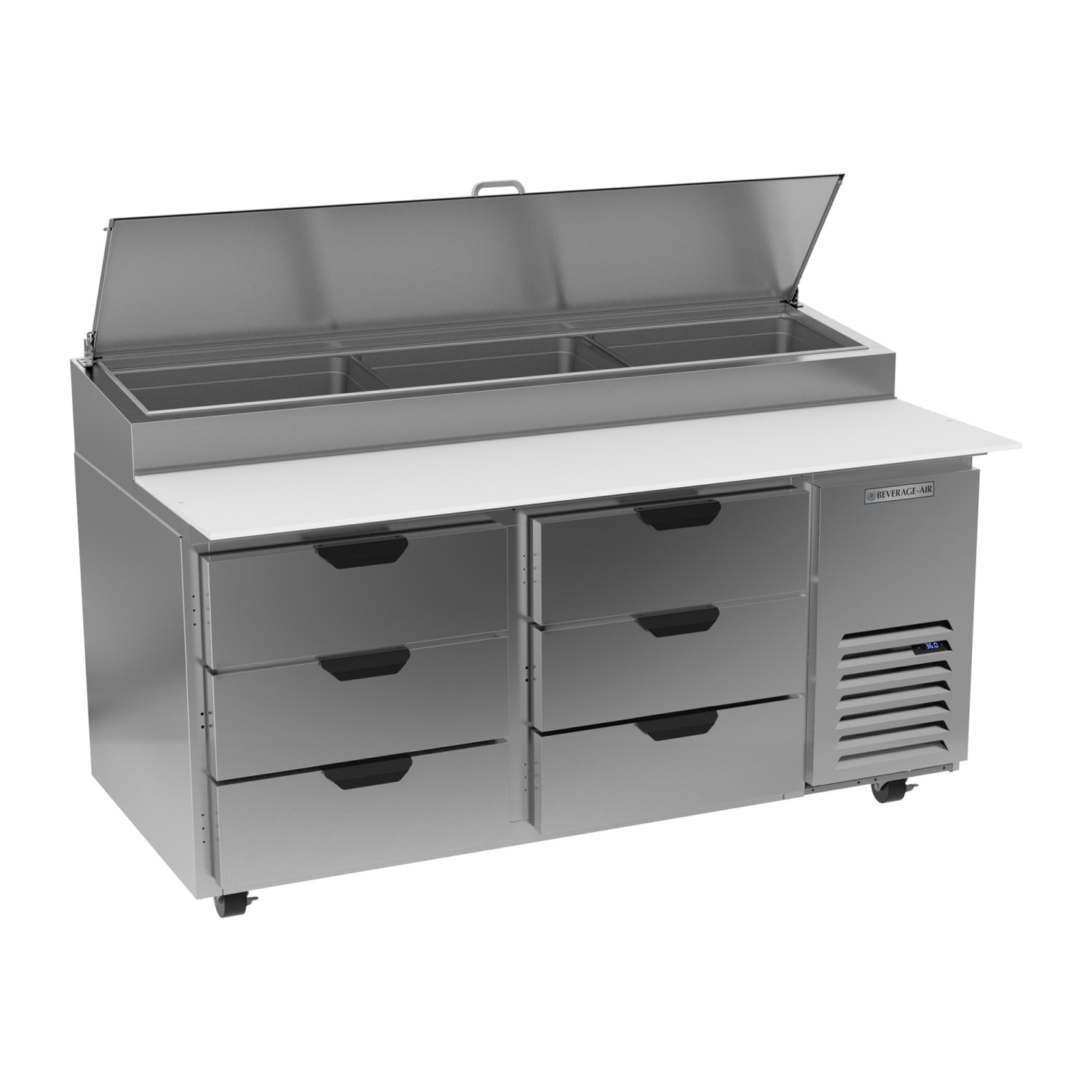 Beverage-Air DPD67HC-6 67 Hydrocarbon Series Pizza Prep Table w/ Refrigerated Base, 115v, Holds 3 Full-Size Pans, Stainless Steel