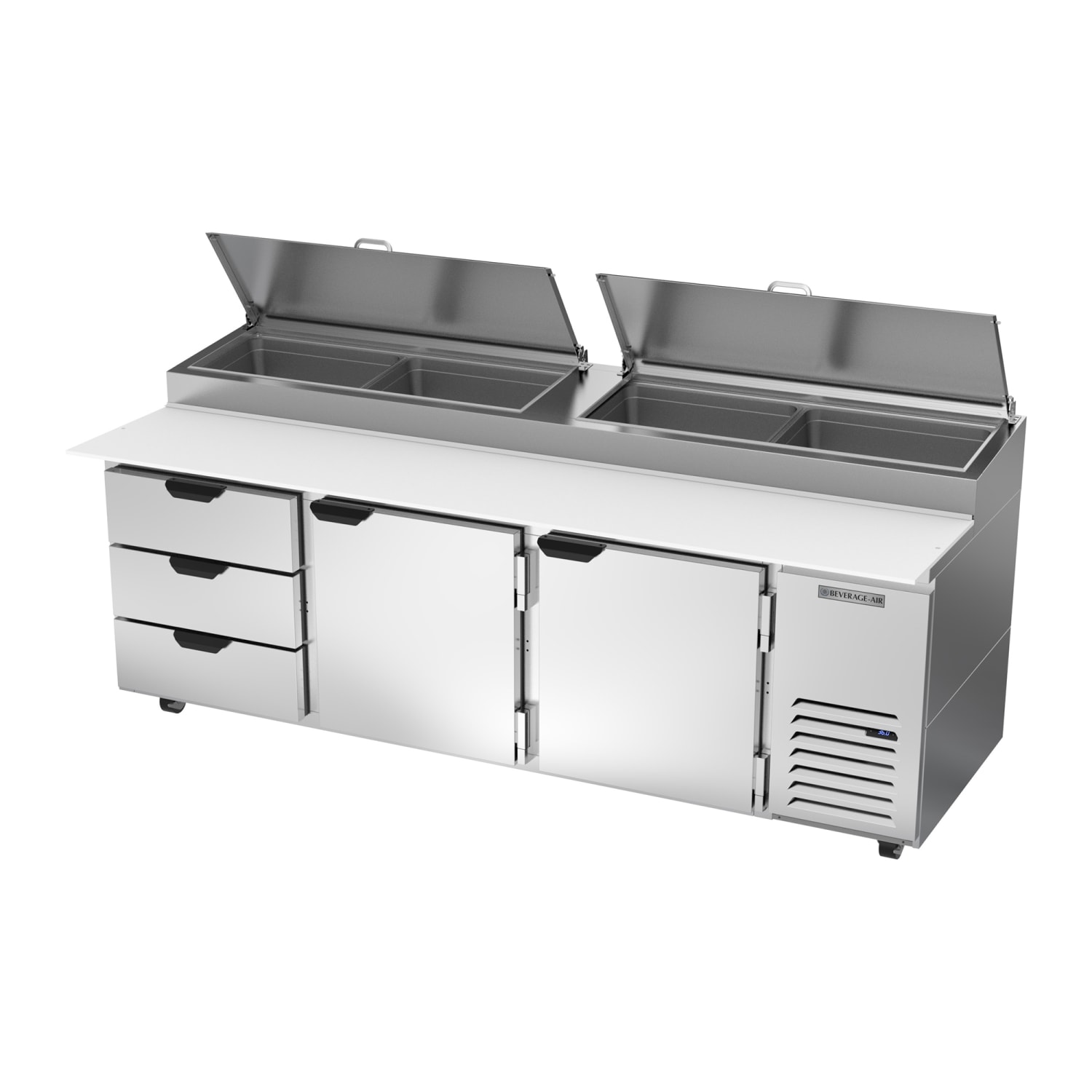 Beverage-Air DPD93HC-3 93 Hydrocarbon Series Pizza Prep Table w/ Refrigerated Base, 115v, Holds 4 Full-Size Pans, Stainless Steel