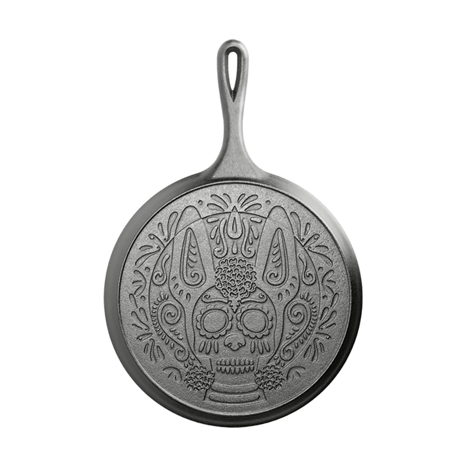 Lodge L9OGXLL 10 5/8 Round Day of the Dead Cast Iron Griddle, Xolo Sugar Skull, Black