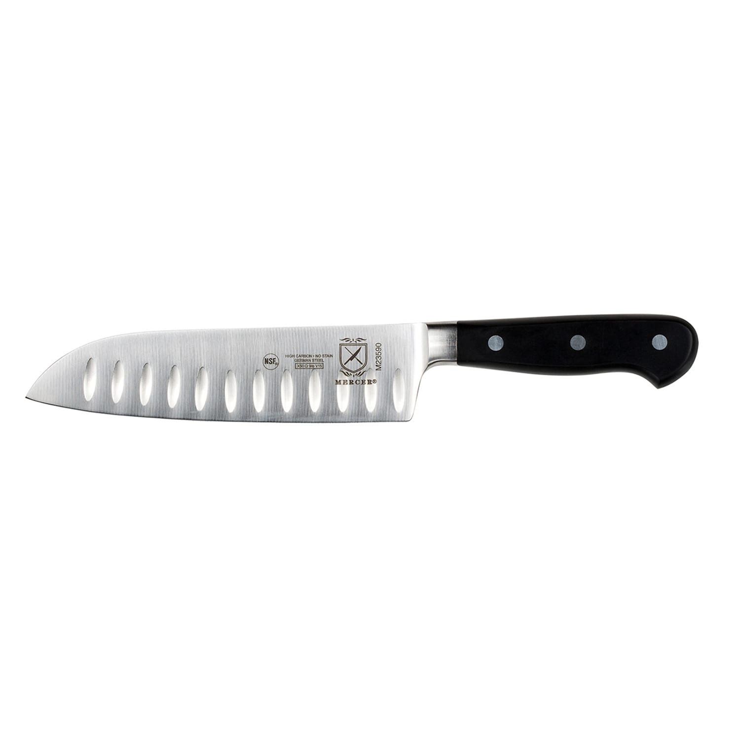 Mercer Culinary M23590 7 Granton Santoku Knife w/ Black Ergonomic Delrin Handle, High-Carbon German Steel