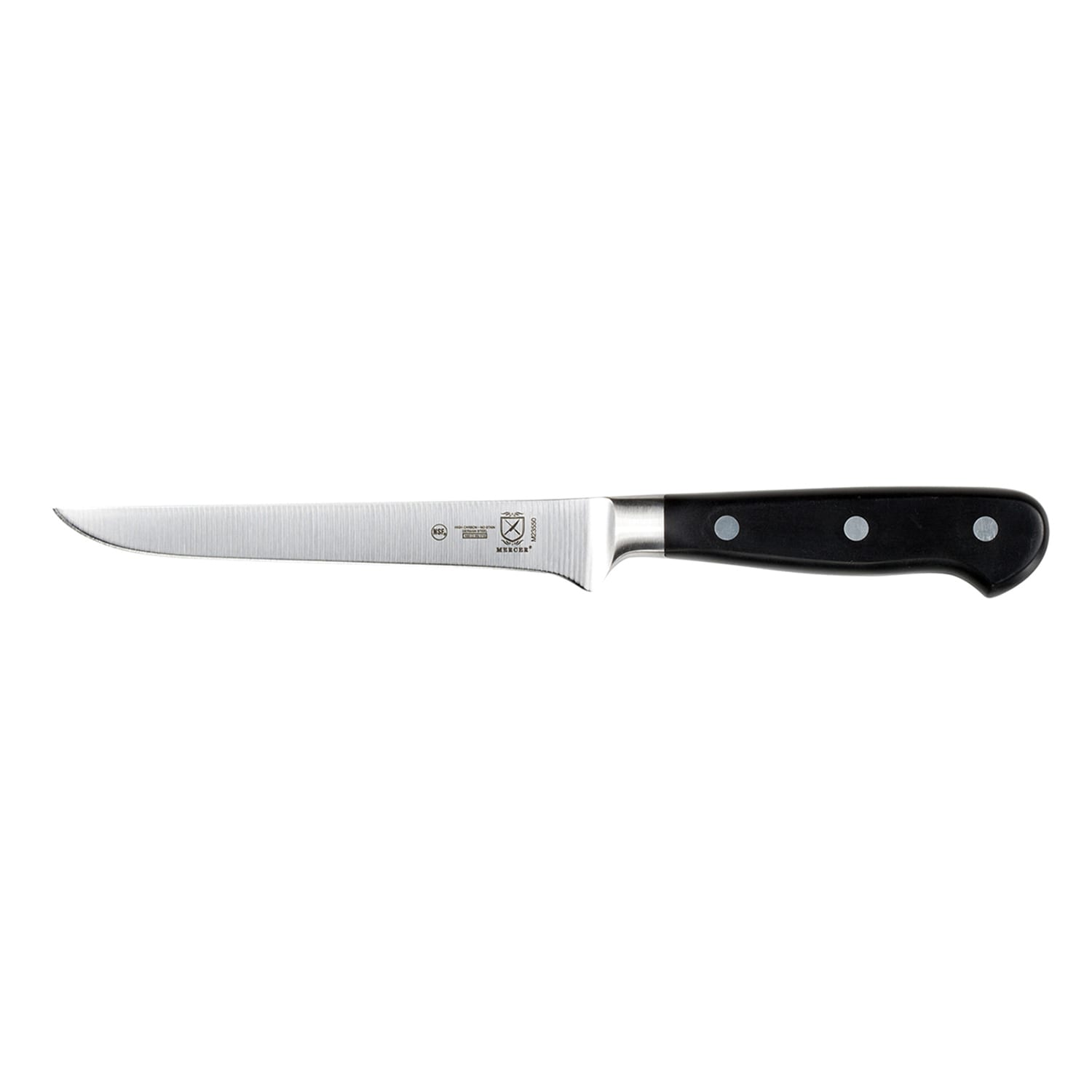Mercer Culinary M23550 6 Stiff Boning Knife - Black Ergonomic Delrin Handle, High-Carbon German Steel