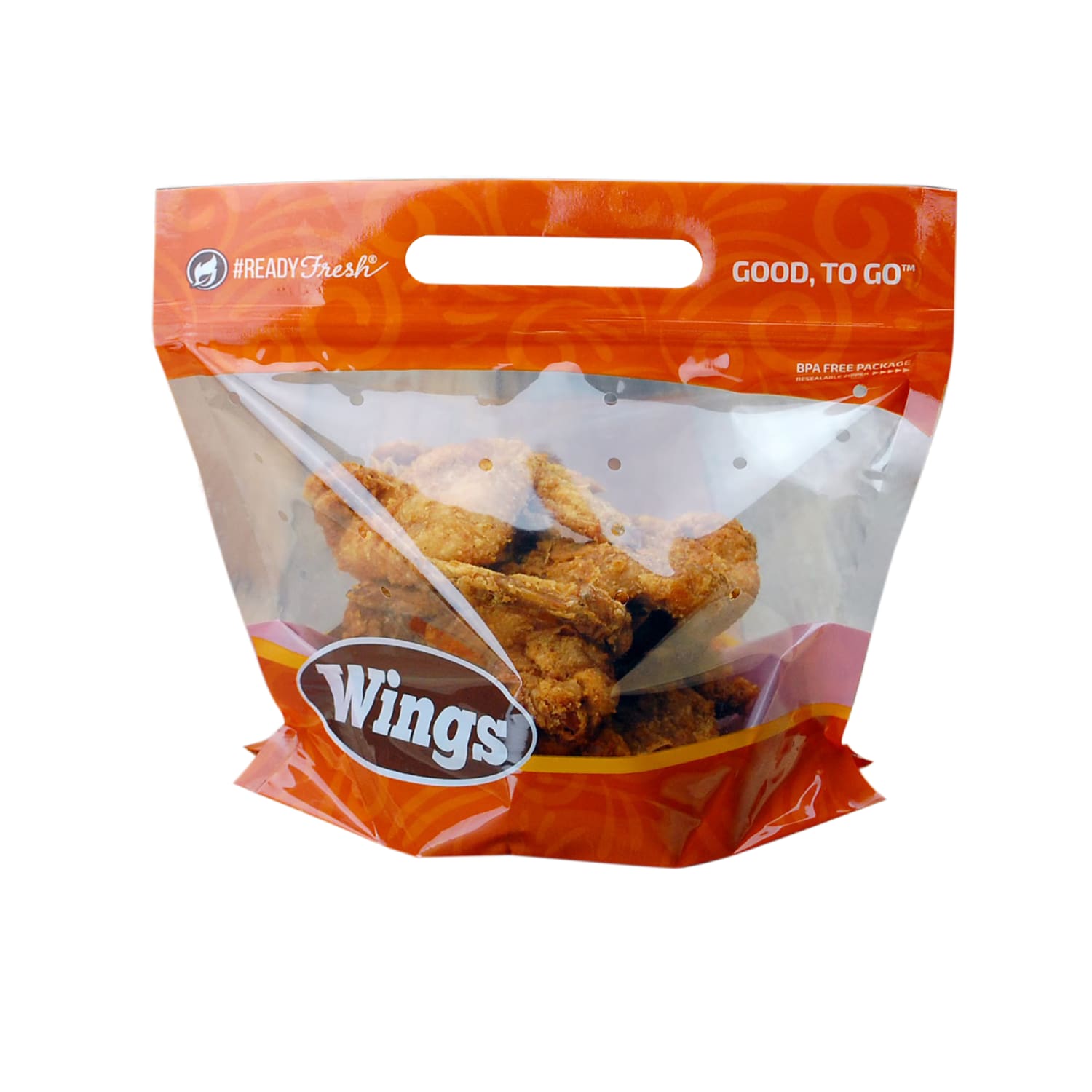 LK Packaging GNG985W #ReadyFresh Bottom Gusset Grab-N-Go Wings Pouch - 9 x 8 x 5 BG, #ReadyFresh, Orange