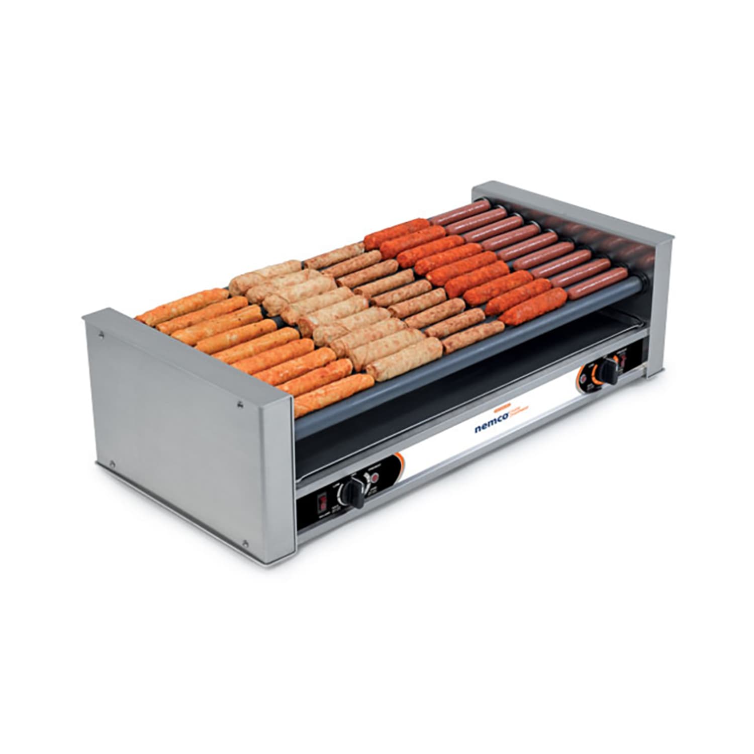 Nemco 8036-SLT 36 Hot Dog Roller Grill w/ Manual Controls - Slanted Top, 120v, Stainless Steel