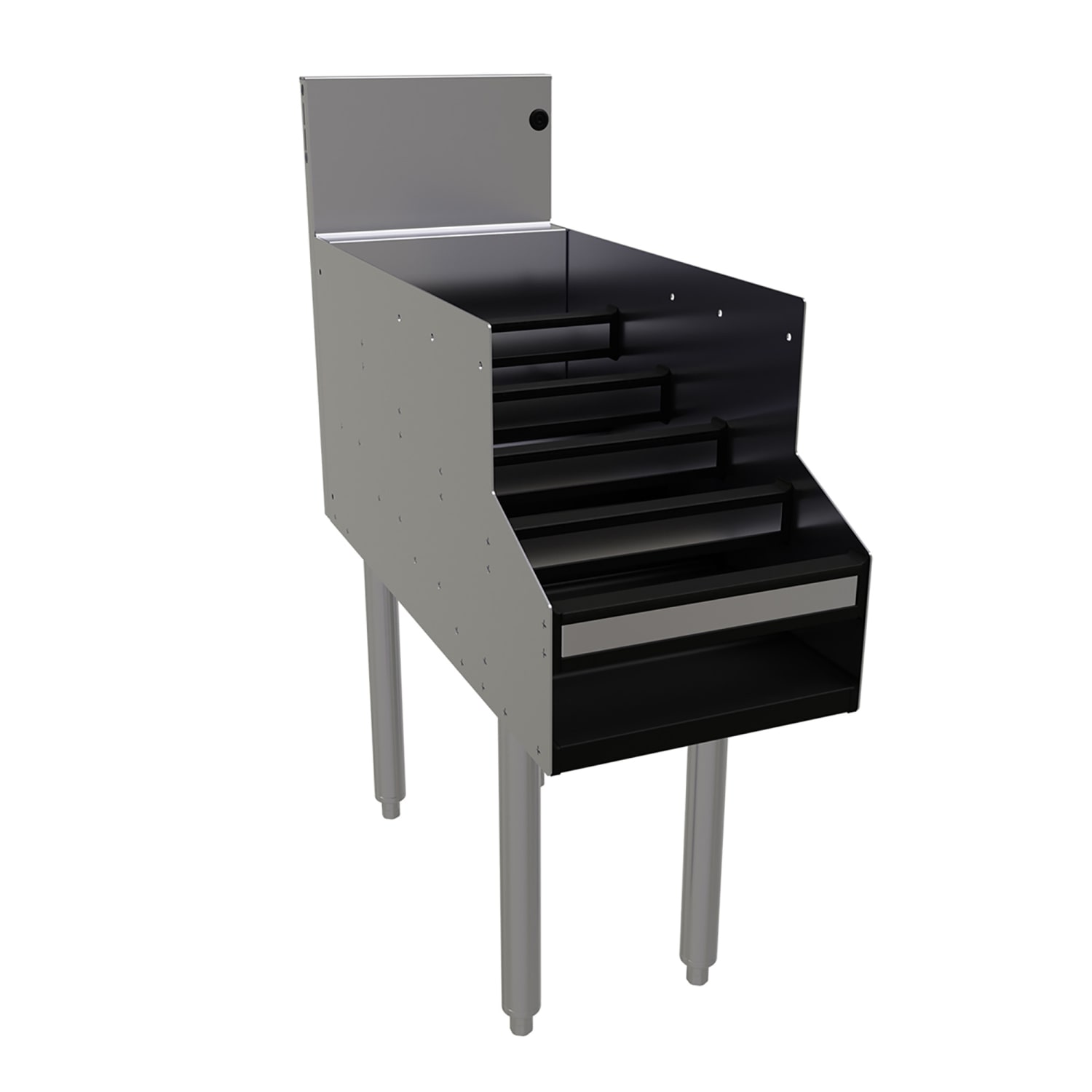 Glastender LDB-12S 5 Level Raised Liquor Display - Holds 15 Bottles, 7 Backsplash, 12 x 29, Silver