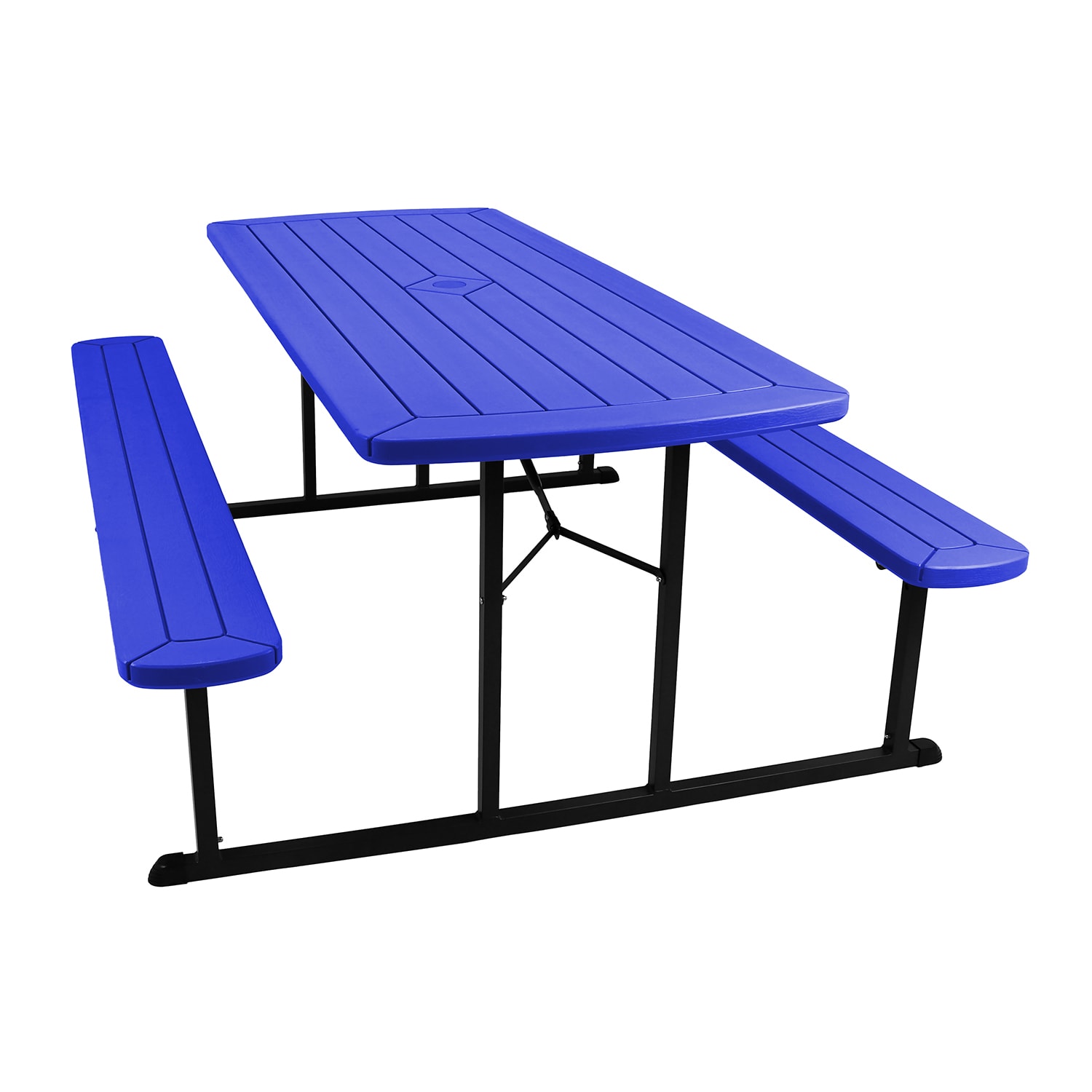National Public Seating BMPT3072-BK04 Rectangular Folding Picnic Table & 2 Bench Seats - 72 x 57, Blue Plastic & Black Steel