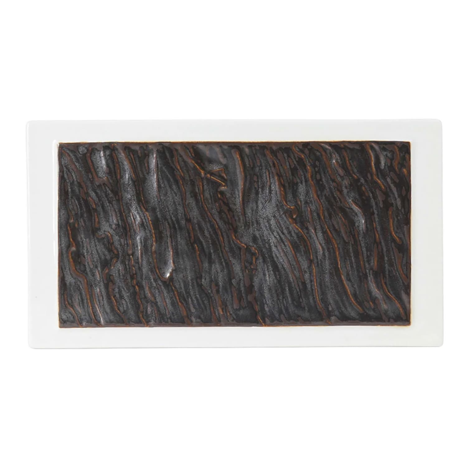 Tuxton GKP-551 10 x 5 1/2 Rectangular TuxTrendz Kona Plate - China, Lava/Porcelain White, Multi-Colored, Case of 6
