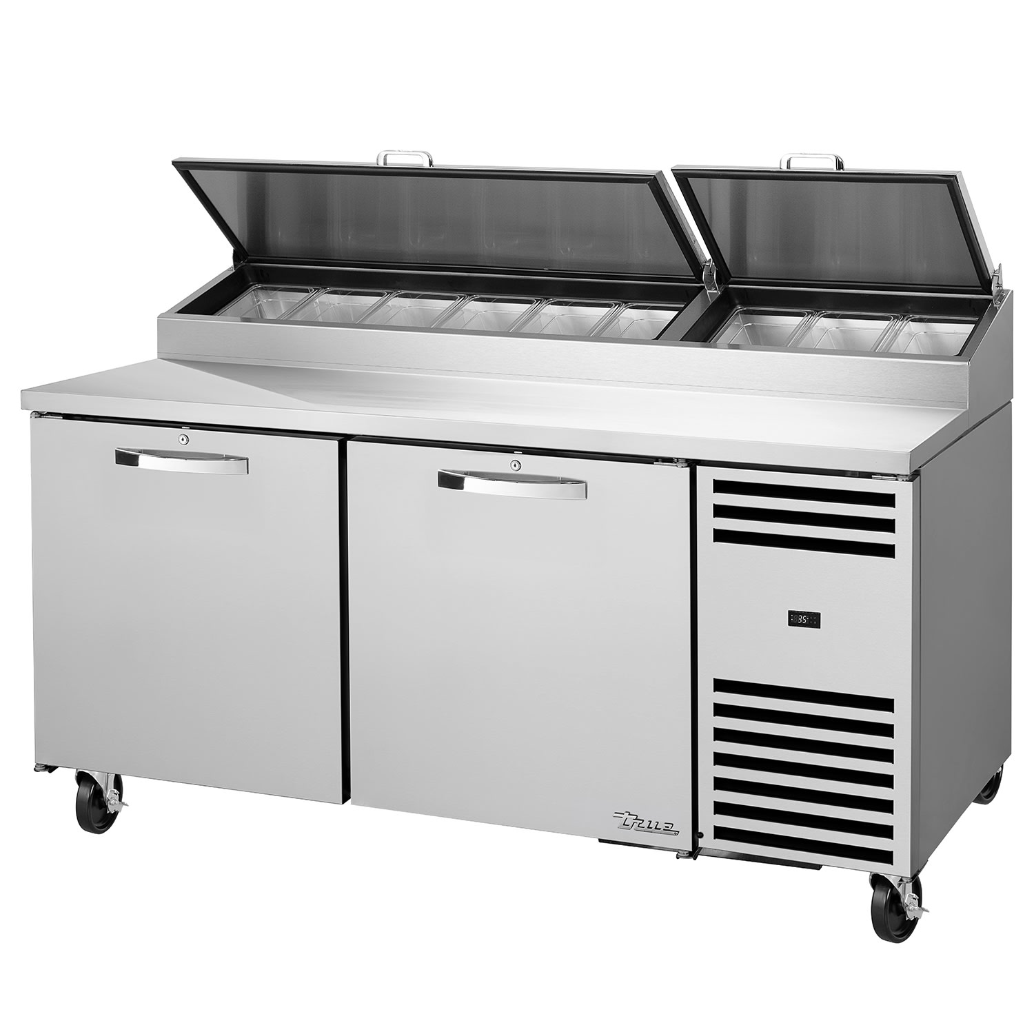 True TPP-AT-67-HC~SPEC3~HGTP-LP 67 3/8 SPEC SERIES Pizza Prep Table w/ Refrigerated Base, 115v, Stainless Steel | True Refrigeration