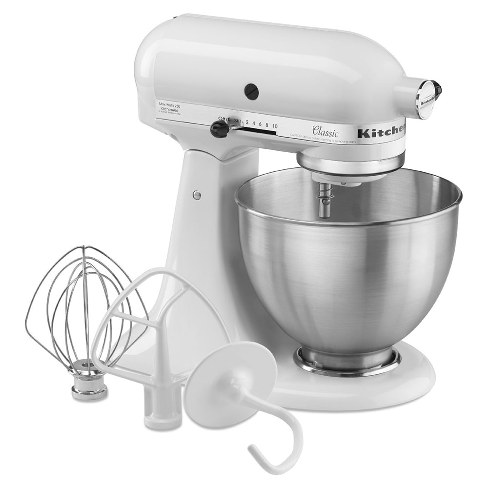 KitchenAid K45SSWH 10 Speed Stand Mixer w/ 4 1/2 qt Stainless Bowl & Accessories, White, 120v