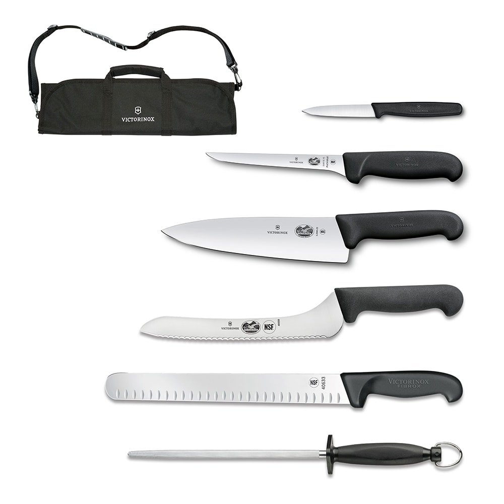 Victorinox 7.4012-X12 7-Piece Culinary Kit w/ 5 Knives & 5 Honing Steel, Knife Roll, Stainless Steel