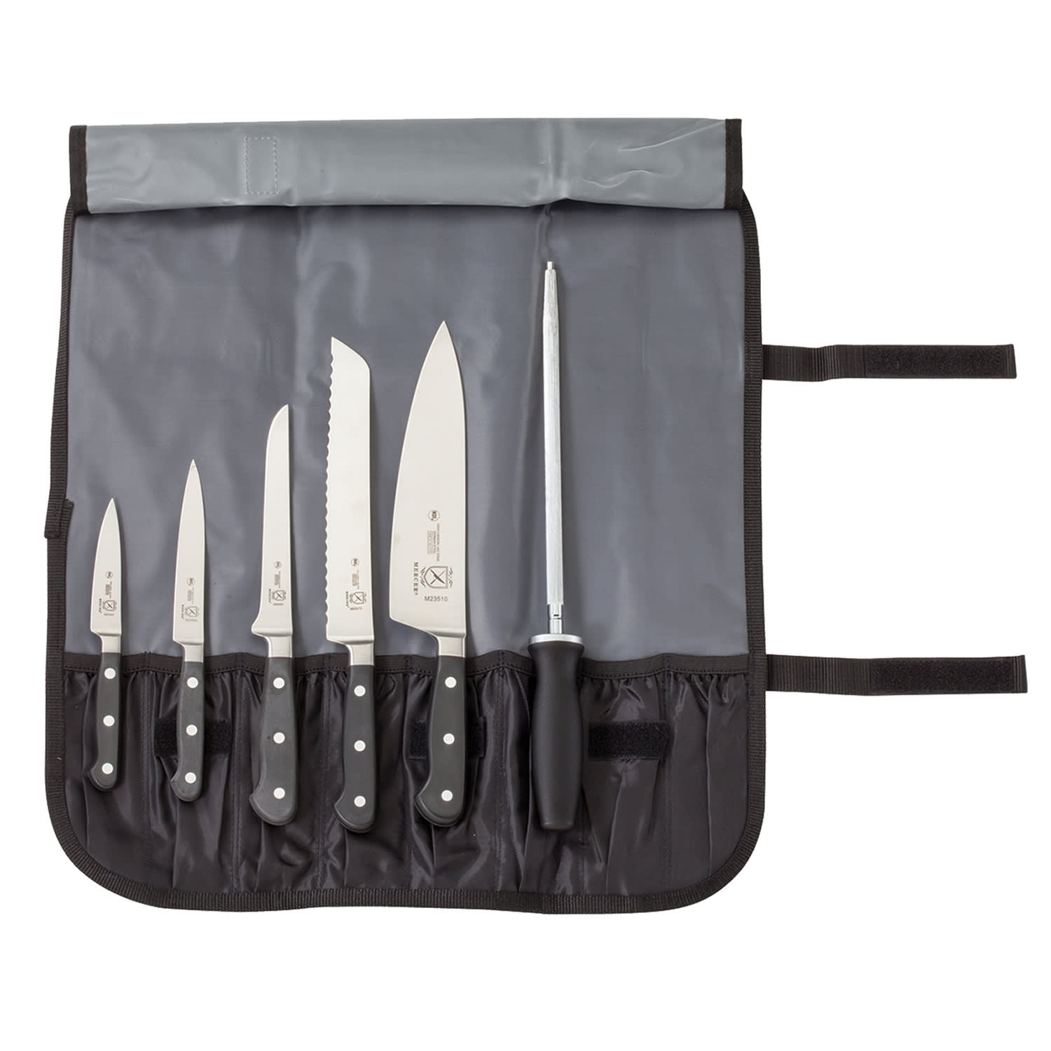 Mercer Culinary M21850 7 Piece Knife Set w/ Storage Roll, Black
