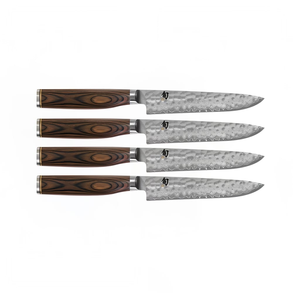 Shun 4 Piece Steak Set, 5" Damascus-Hammered Blade, Gift Box
