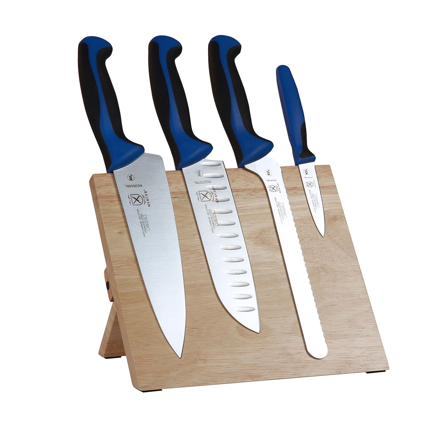 Mercer Culinary M21980BL 5 Piece Knife Set w/ Rubberwood Magnetic Board, Blue