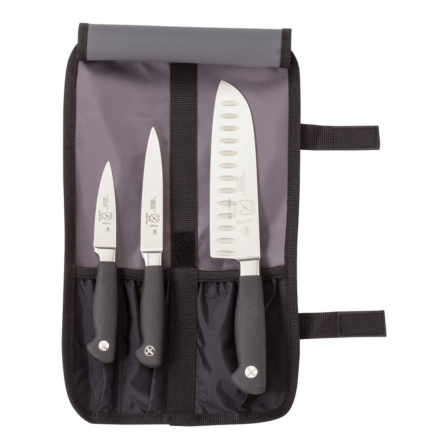Mercer Culinary M21910 4 Piece Starter Knife Set w/ Heavy-Duty Storage Roll, Black
