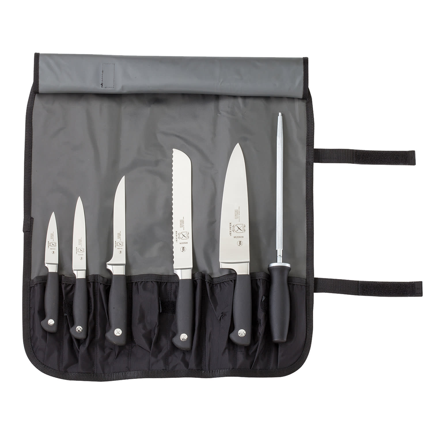 Mercer Culinary M21800 7 Piece Knife Set w/ Detachable & Adjustable Strap Pocket Roll, Black