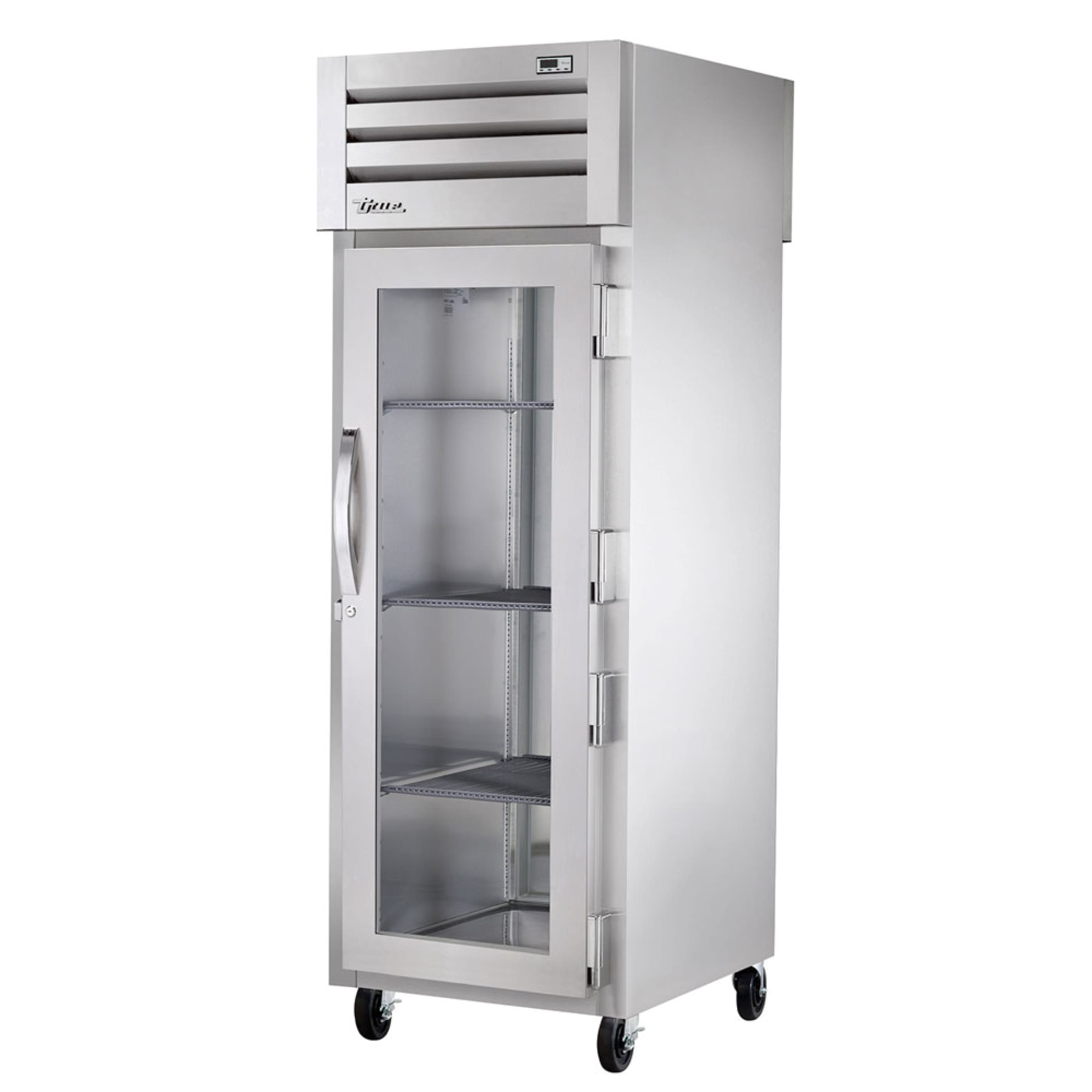 Angled view of True STA1R-1G-HC reach-in refrigerator on casters with top-mounted compressor