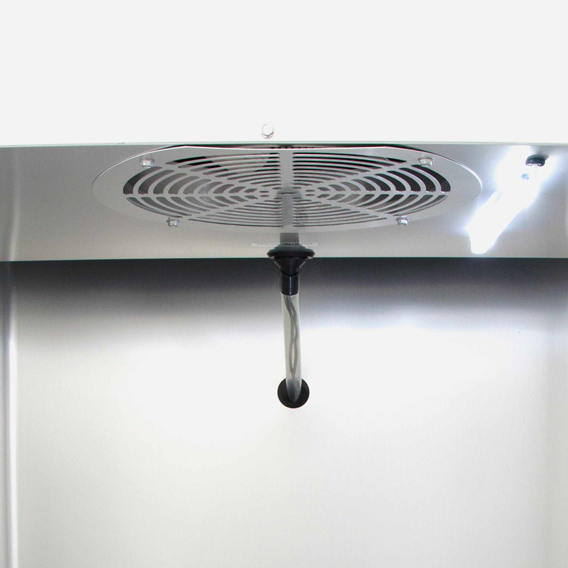 Interior ceiling detail of True T-23DT-HC showing evaporator fan cover and light