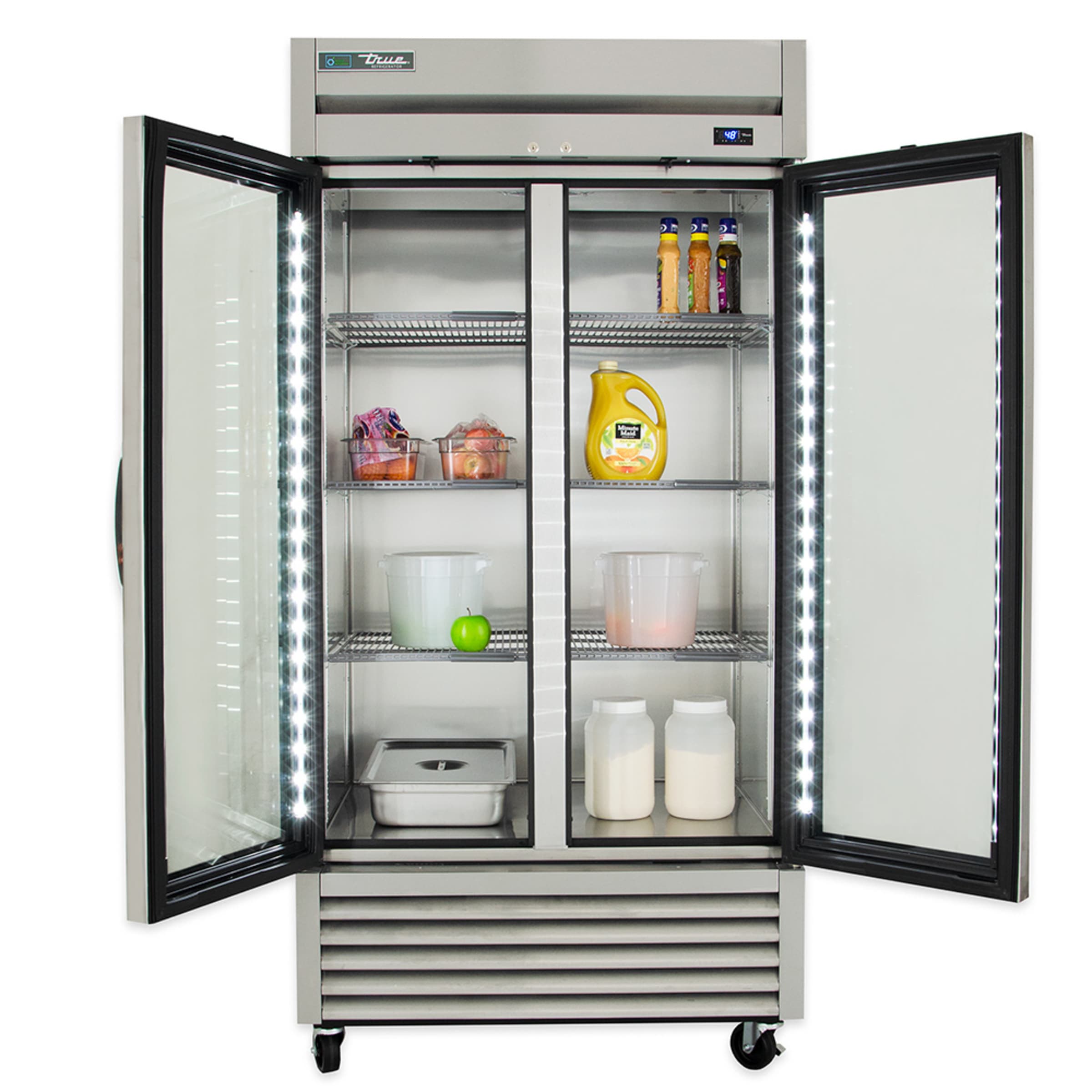 True T-35G-HC~FGD01 reach-in refrigerator with both glass doors open and LED interior lighting