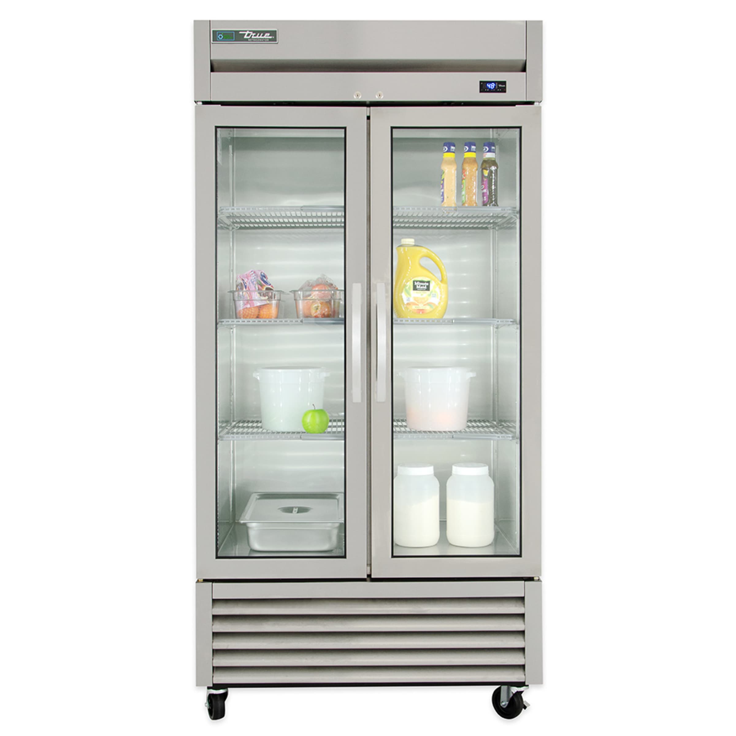 Front view of True two-section glass door refrigerator stocked with product