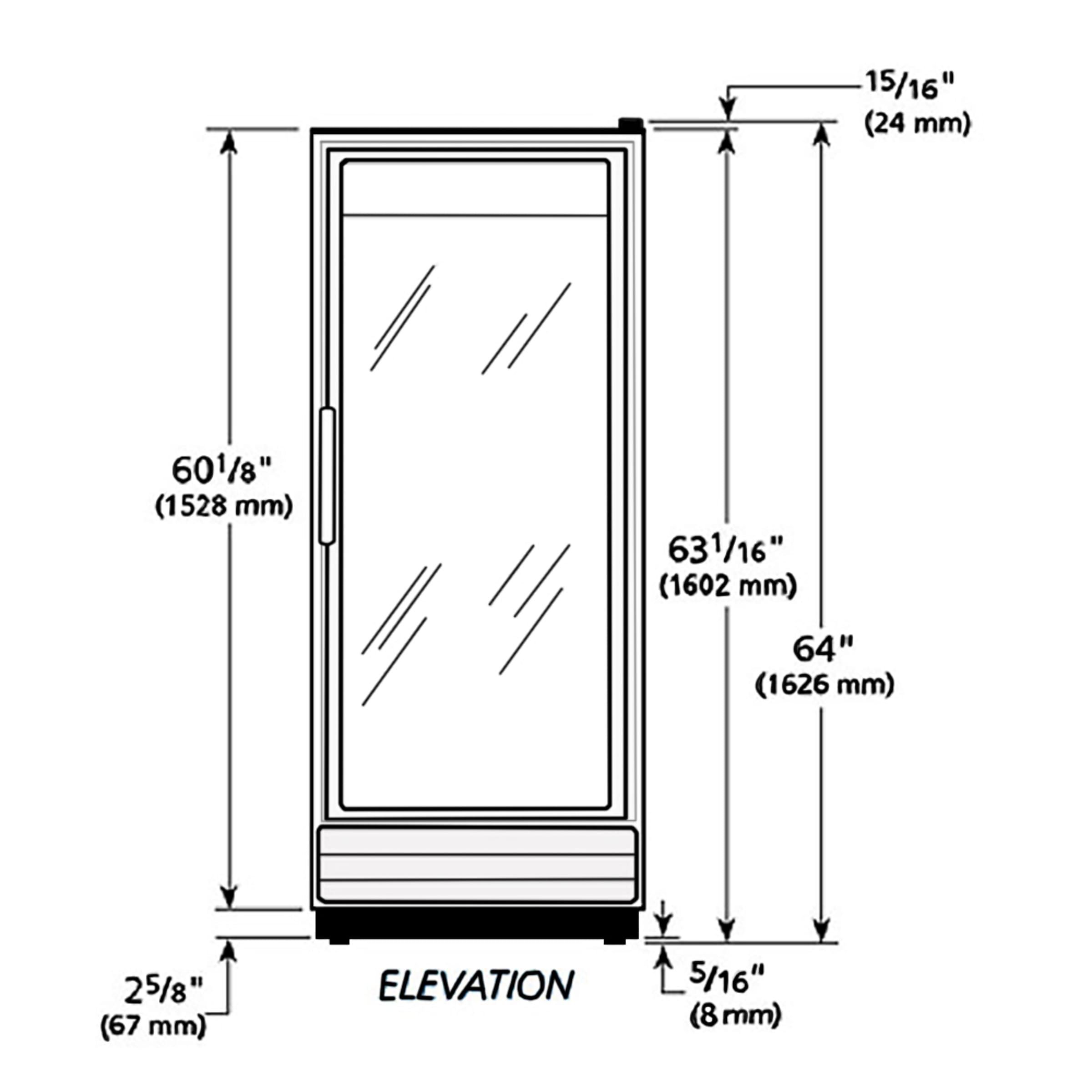 Dimension drawing showing overall height and door opening measurements for the refrigerator