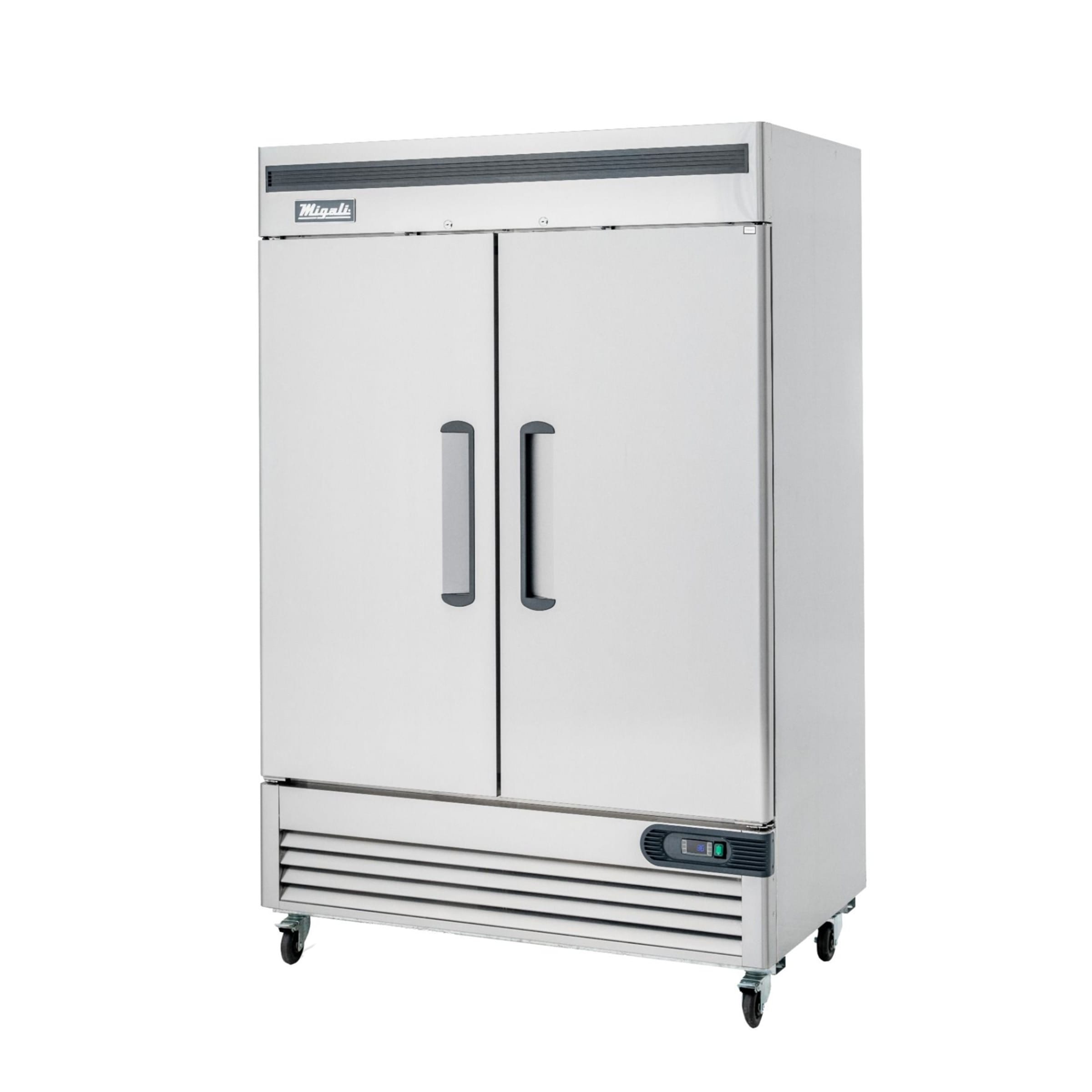 Migali C-2FB-HC stainless steel two-door reach-in freezer showing full exterior build, door handles, casters, and bottom compressor section