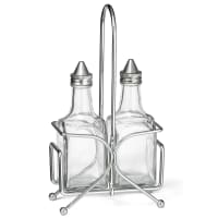 Tablecraft H600N2 6 oz Cruet Set w/ Chrome Rack &amp; Stainless Steel Tops - Glass, Clear