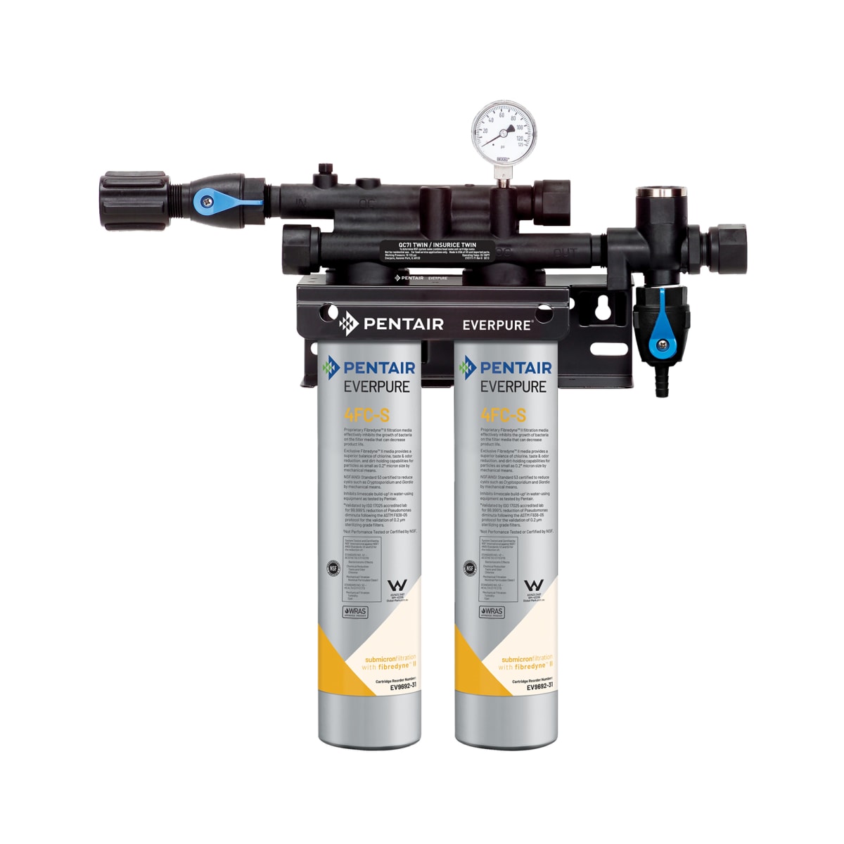 Everpure QC7i Twin 4FC-S dual water filter system with two cylindrical Pentair Everpure 4FC-S cartridges mounted on a black manifold with pressure gauge