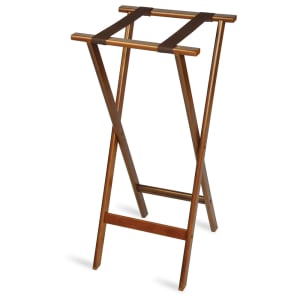 202-1178 38" Flat Tray Stand w/ 2 Brown Straps & Rounded Edge, Dark Walnut Finish