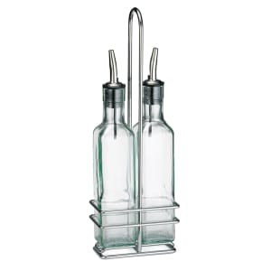 229-H9085N 8 1/2 oz Cruet Set w/ Chrome Rack & Stainless Steel Pourers - Glass, Green Tint