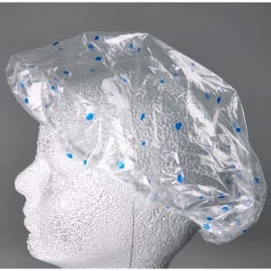 909-SC20 Shower Cap w/ Elastic Band - Poly, Clear w/ Blue Dots