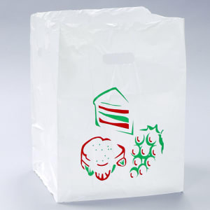 909-TO121016 Printed Poly Take-Out Bag w/ Handles - 16" x 12" x 10", White