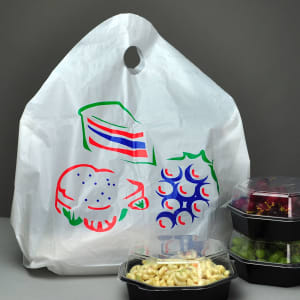 909-TO12135P Printed Poly Take-Out Bag w/ Handles - 13" x 12" x 5", White