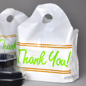 909-TO191895TY Printed Poly Take Out Bag w/ Handles - 19" x 18" x 9 1/2", White