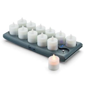 461-HFRV12A 1 1/2" Round LED Flameless Votive Candles Set w/ Charging Tray - 2 3/10" H, Amber Flame