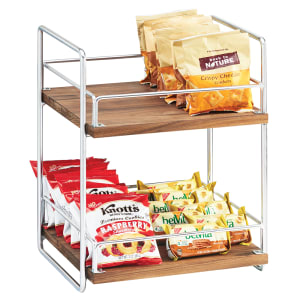 151-3704249 2 Tier Display Stand w/ Adjustable Wood Shelves - 13"W x 12"D x 16 1/2"H, Chrome