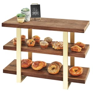 151-370846 3 Tier Display Stand w/ Walnut Shelves - 32"W x 13 1/2"D x 25 1/2"H, Brass