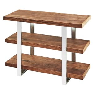 151-370849 3 Tier Display Stand w/ Walnut Shelves - 32"W x 13 1/2"D x 25 1/2"H, Chrome