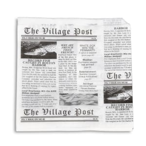 284-4T3000 7" Square Basket Liner Paper Bags - Village Post Newsprint, White