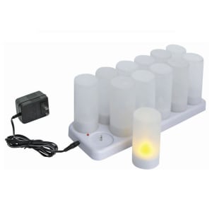 080-CLR12S Flameless Tealight Candle w/ Plastic Cup & Rechargeable Battery, Charging Tray