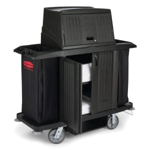 007-FG9T1900BLA Housekeeping Cart w/ Vacuum Holder, 60"L x 22"W x 67 1/2"H, Black