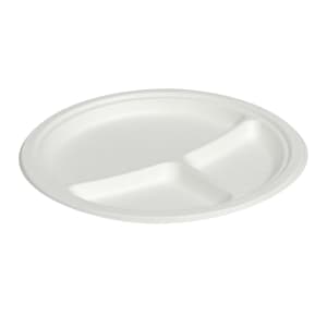 957-42RP09S3 9" Round Disposable Plate w/ (3) Compartments - Baggase, White