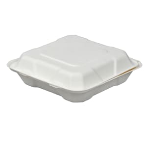 957-42SH8 Disposable Hinged Container - 8"L x 8"W x 2 1/2"H, Bagasse, White