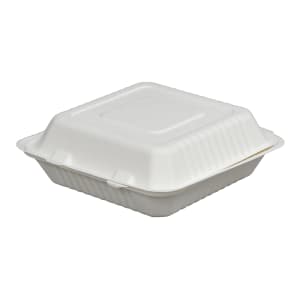 957-42SHD9 Disposable Hinged Container - 9"L x 9"W x 3 1/10" H, Bagasse, White