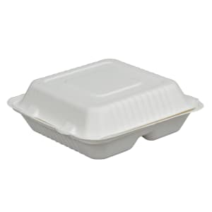 957-42SHD9S3 Disposable Hinged Container w/ (3) Compartments - 9"L x 3 1/10" H, Bagasse, White