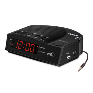 141-WCR14 Alarm Clock Radio w/ USB Charging Port & AUX Jack - 5 1/2" x 7", Black